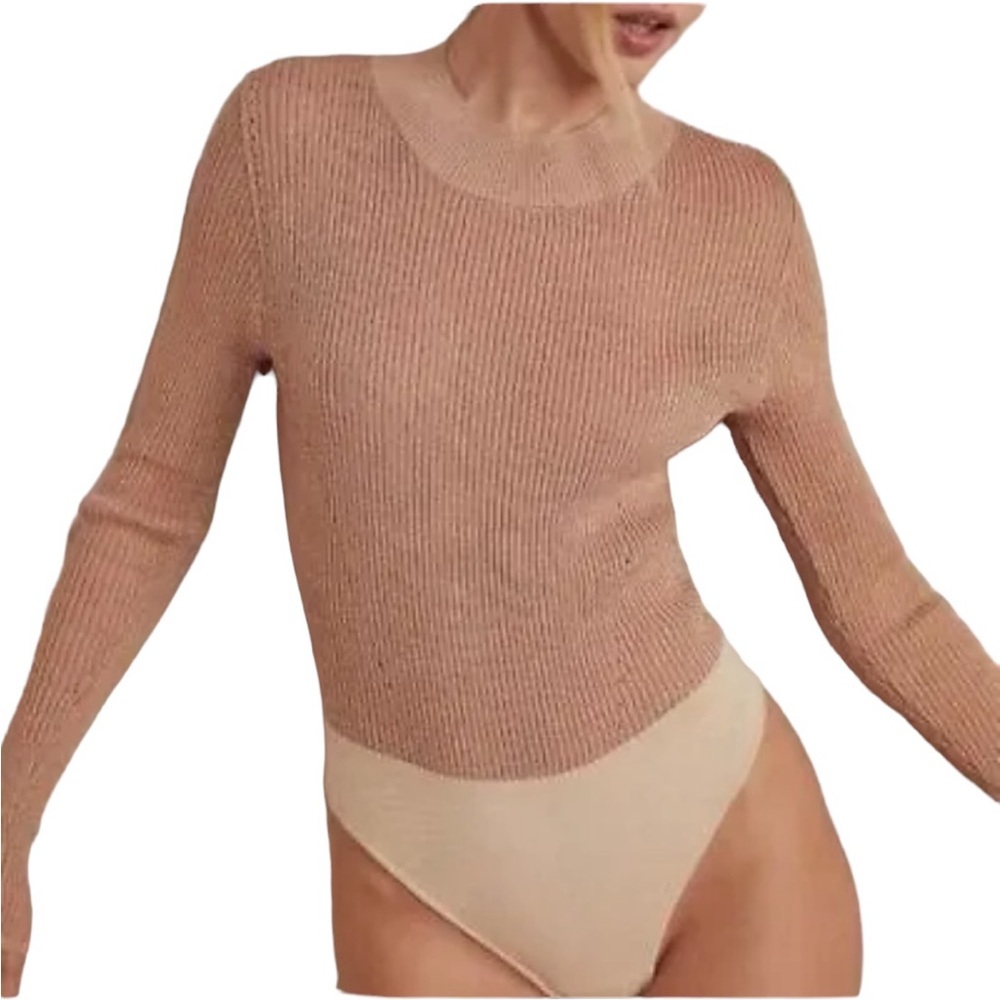 Free People Bodysuit Gold Tan Disco Sparkle Long Sleeve Top Size M NEW